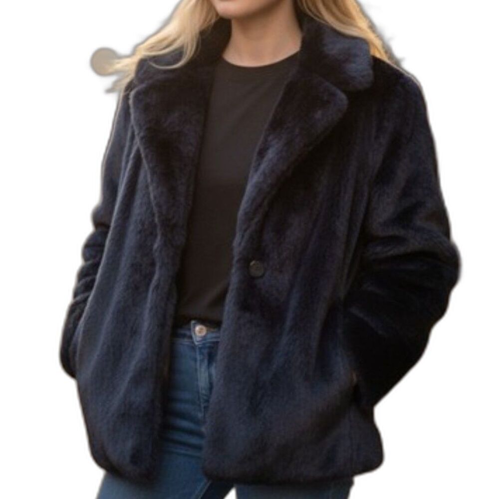 Banana Republic Navy Blue Faux Fur Teddy Coat Jacket Small S Luxury